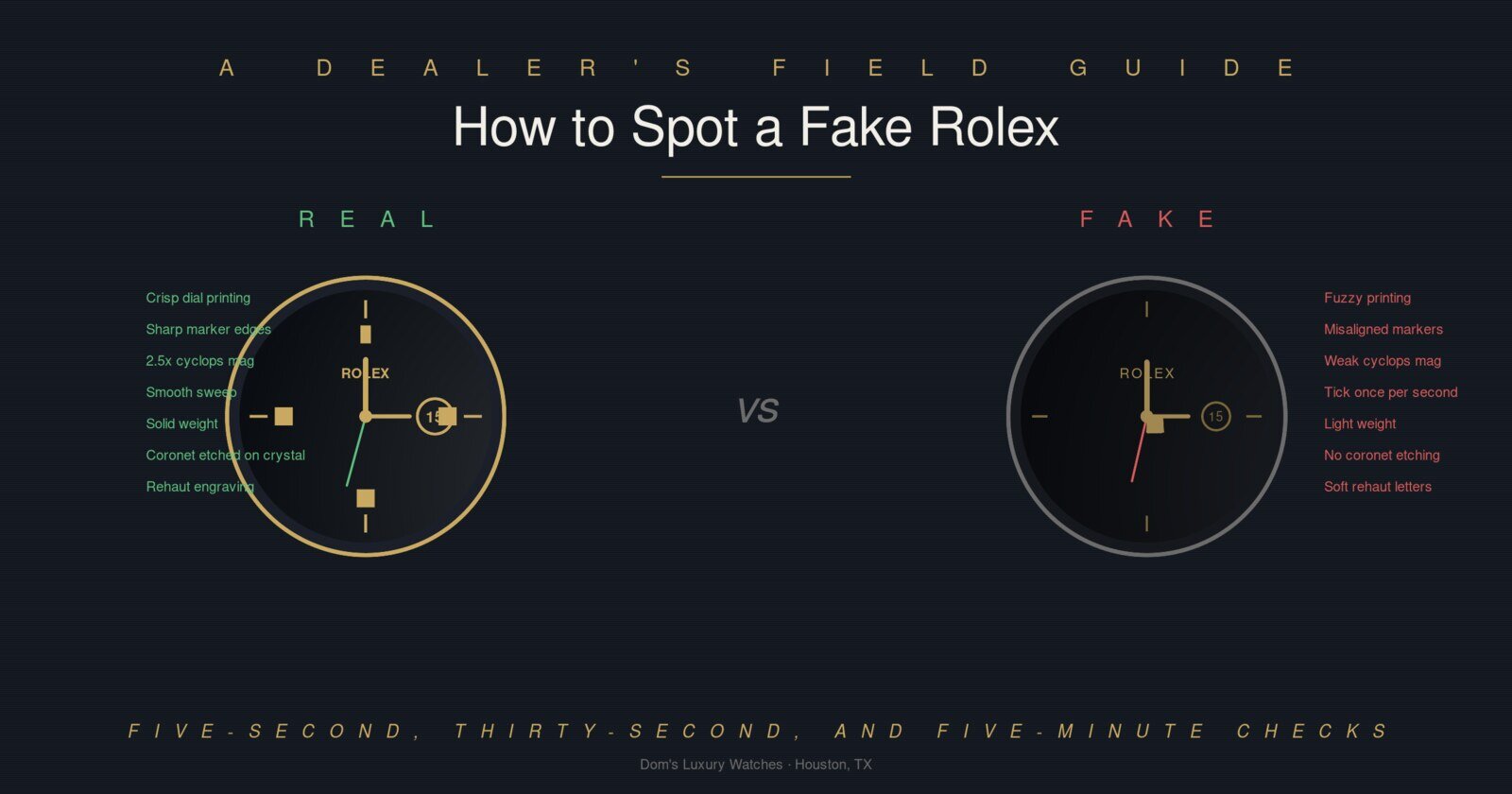 Real vs fake Rolex comparison infographic showing crisp dial printing, sharp coronet, and smooth sweep on a genuine Rolex versus fuzzy printing, weak cyclops, and one-tick-per-second motion on a fake