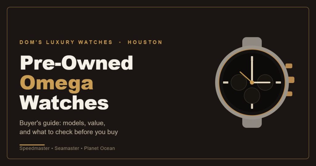 Pre-Owned Omega watches buyer guide by Dom's Luxury Watches, Houston, showing a chronograph watch.